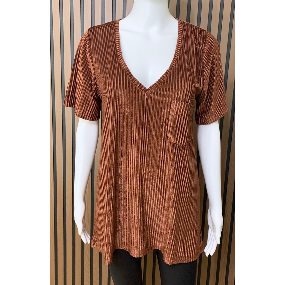 POL Women's Clothing Rust Brown Pleated Velvet V-Neck Tunic Top Men's M